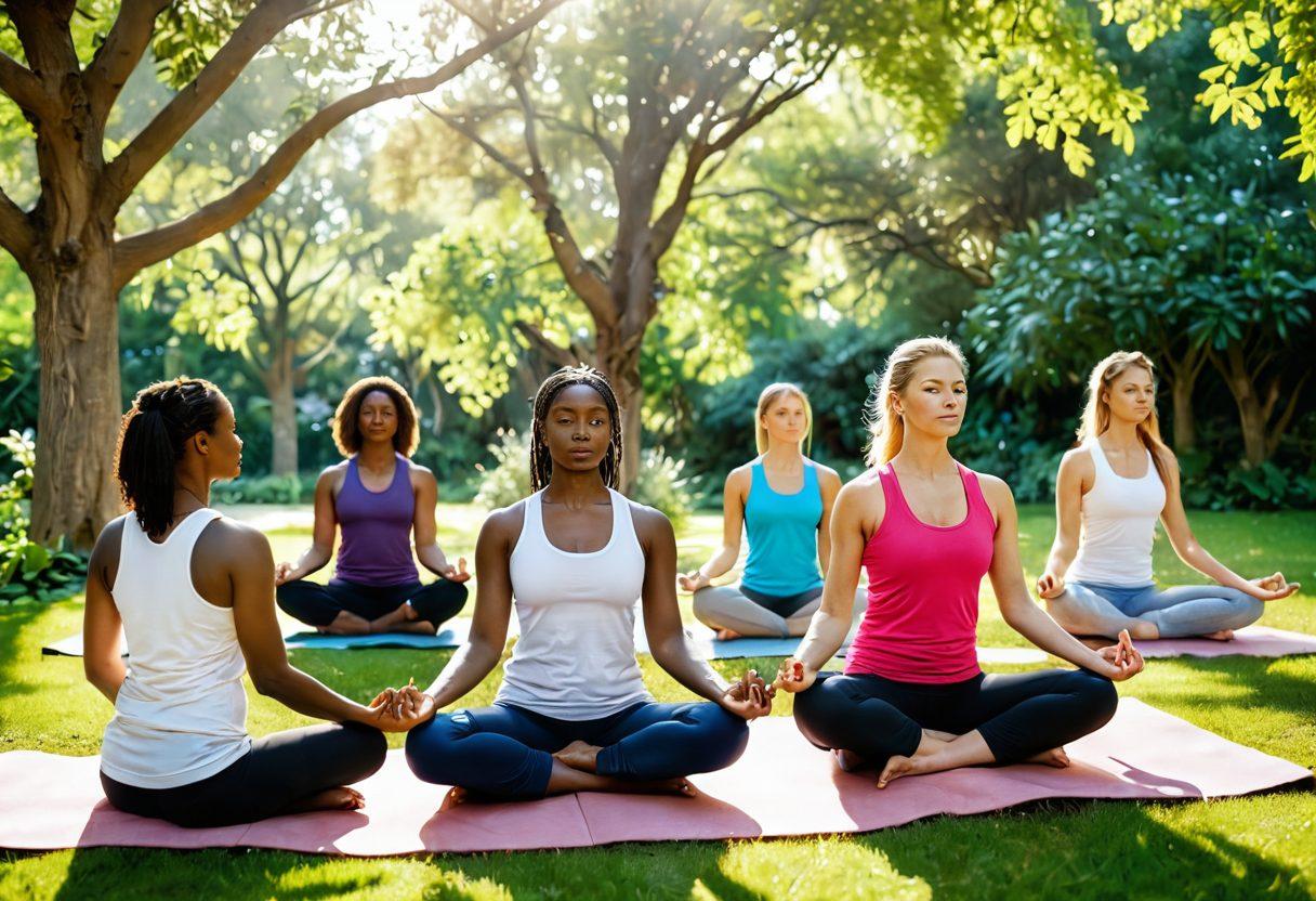A serene scene depicting a diverse group of survivors in a tranquil garden, engaged in holistic healing practices such as yoga and meditation. Show vibrant flora around them symbolizing growth and resilience, with supportive advocates offering guidance. Soft sunlight filters through lush trees, creating a warm and hopeful atmosphere. Emphasize the bond between survivors and advocates, illustrating strength and community. vibrant colors. super-realistic. natural light.