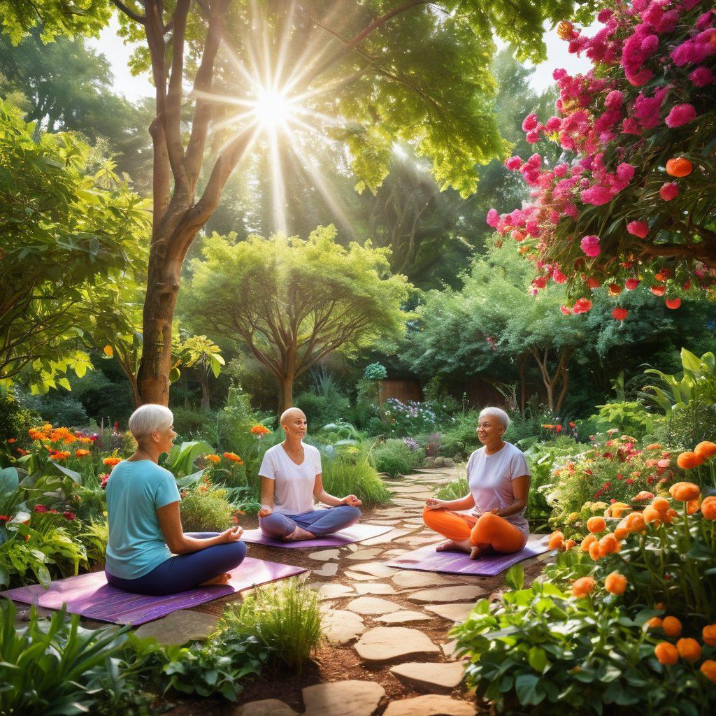 A serene and uplifting scene featuring a diverse group of cancer patients in a colorful garden, engaging in activities like gardening, yoga, and cooking healthy meals. The sunlight filters through lush trees, symbolizing hope and renewal, with vibrant fruits and vegetables surrounding them. Include imagery of mindfulness, such as meditation or wellness journals, to emphasize holistic healing. super-realistic. vibrant colors. bright and inviting atmosphere.