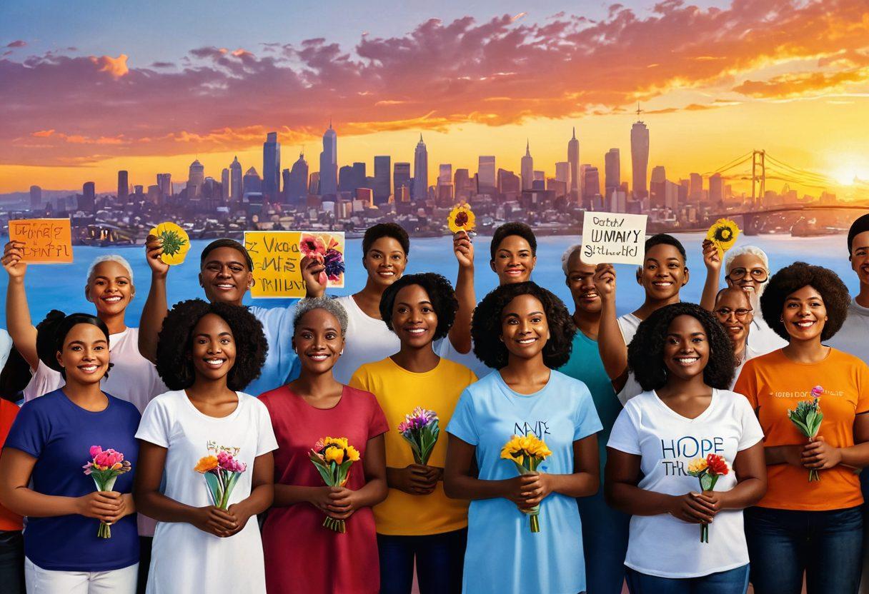A powerful depiction of diverse survivors standing together in a supportive community, each holding symbols of empowerment such as banners, flowers, or art pieces. The background features a vibrant skyline illustrating progress and hope, while warm light shines down, symbolizing camaraderie and strength. The expressions on their faces convey determination and resilience. This scene should evoke emotions of unity and triumph through advocacy. super-realistic. vibrant colors. 3D.